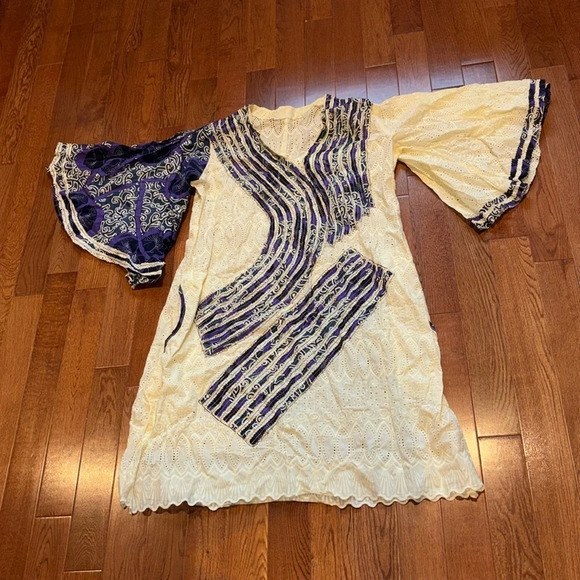 Vintage Style  Cream Lace and Ankara Midi Length Kaftan Size S/M - Picture 4 of 16